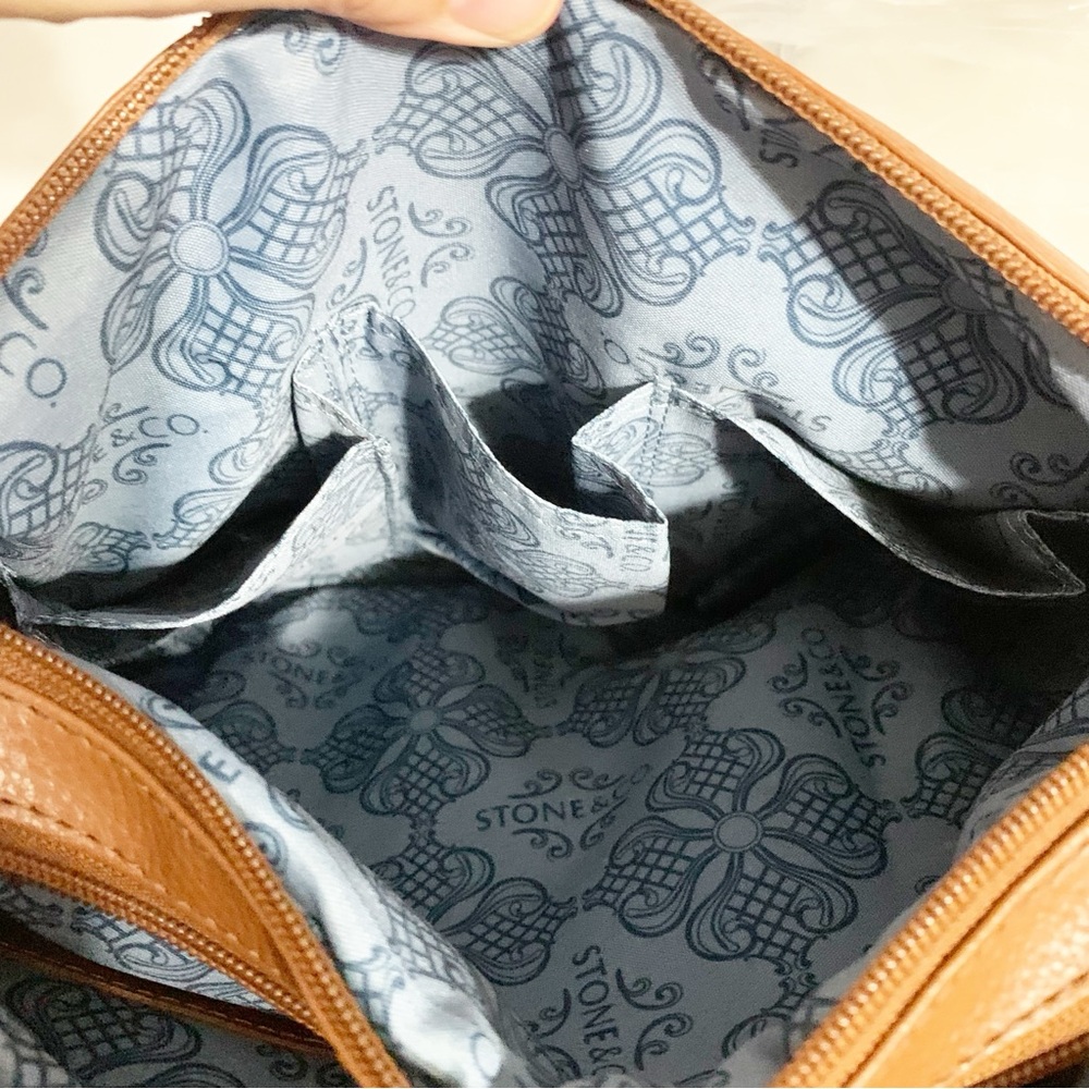 Stone and Co. Brown Leather Crossbody Shoulder Bag Fully Lined in Blue Pockets - Picture 15 of 16